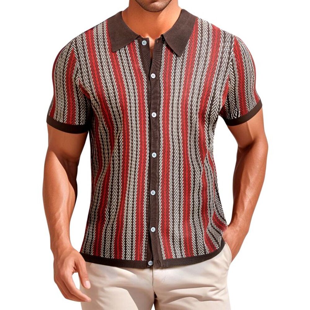 Striped Knitted Summer Short Sleeves Jacquard Polo Shirt Dark Brown